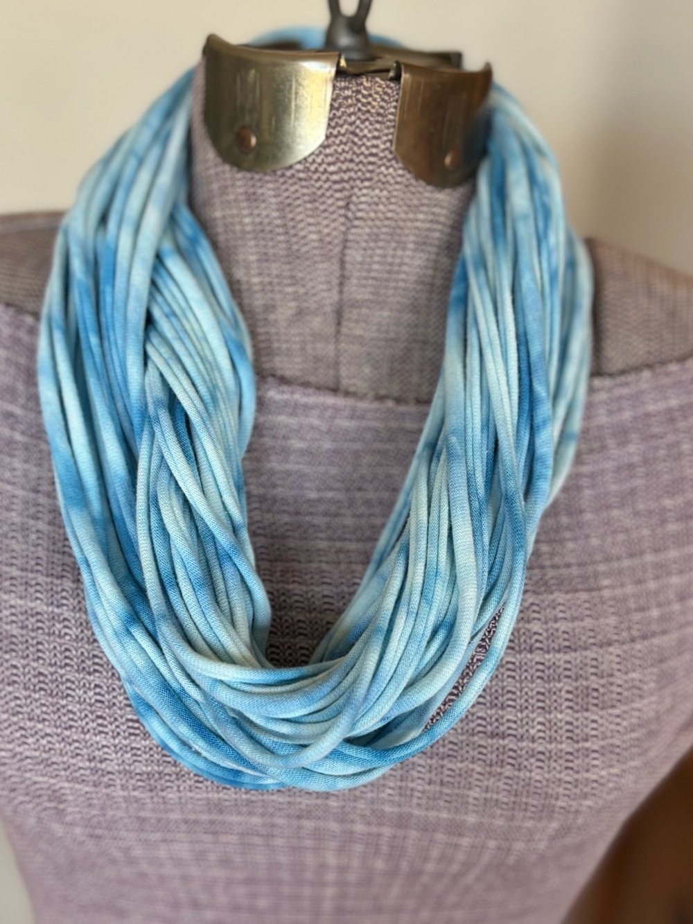 Tie dyed infinity spaghetti T-shirt scarf. Personally handmade! Blue and white. - Picture 2 of 4